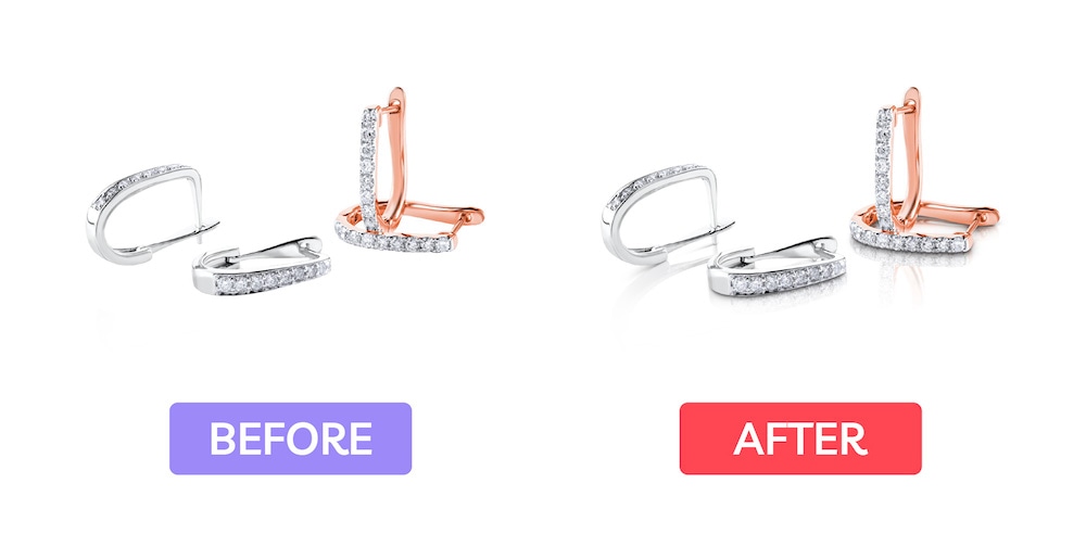 Diamond earrings before and after shadow effect application on a white background.