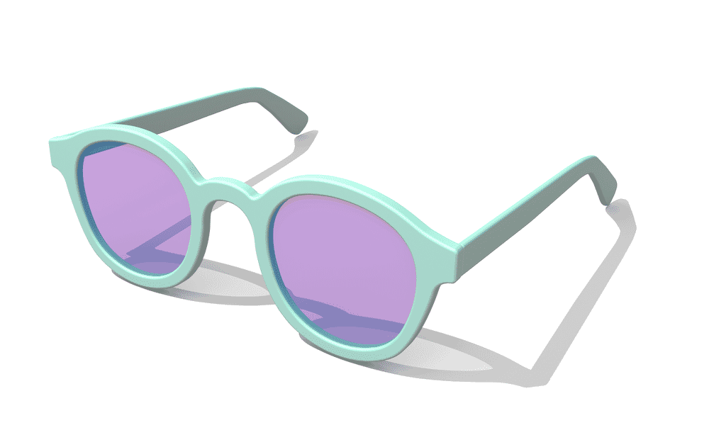 Mint green sunglasses with purple lenses and drop shadow on a white background