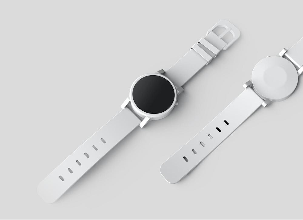 Minimalist silver watch with drop shadow effect on a gray background, front and back view.