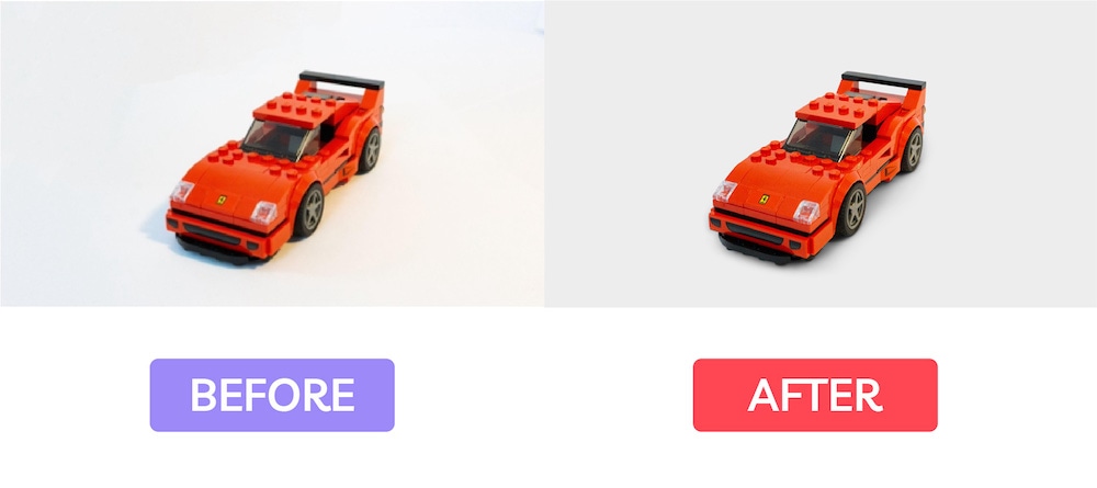 Before and after comparison of red toy car with shadow enhancement on white background