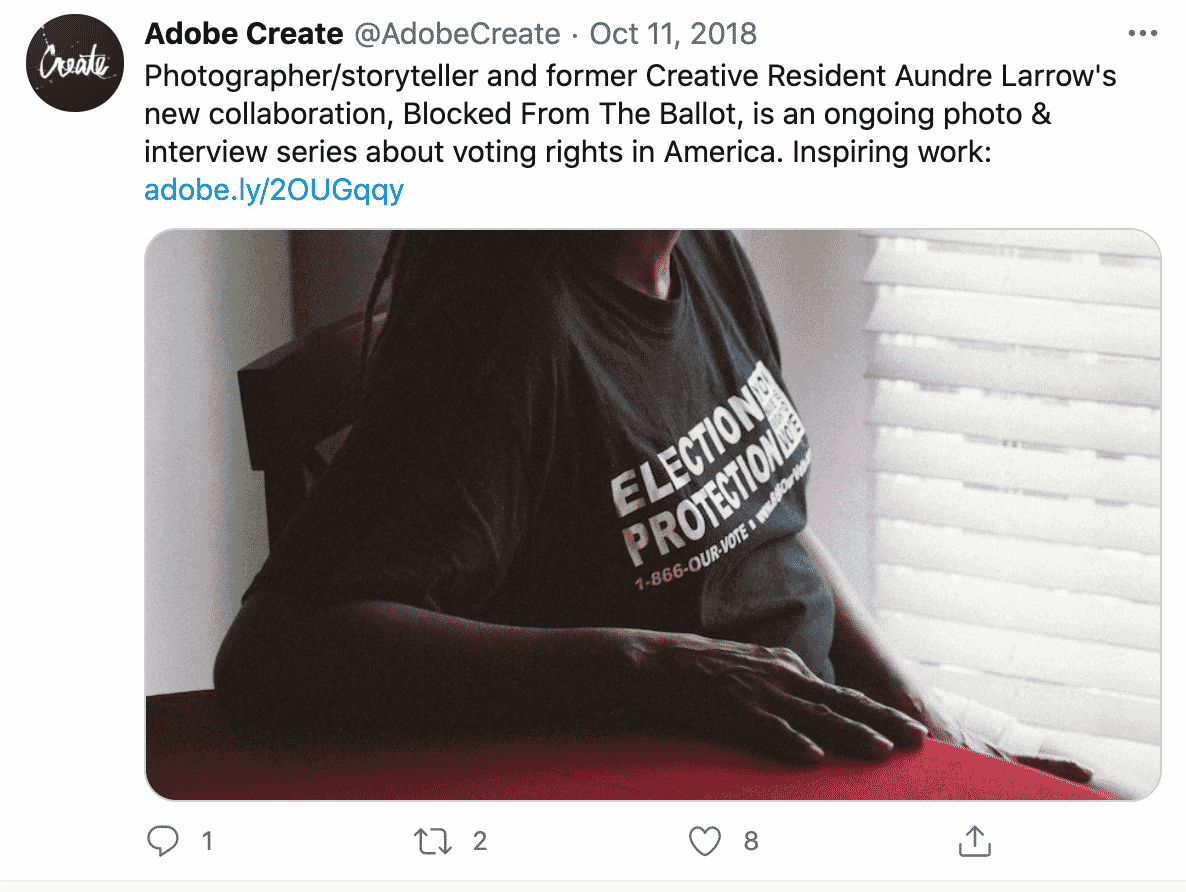 Adobe Create tweet about Aundre Larrow's photo series on voting rights, featuring a person in an Election Protection shirt.