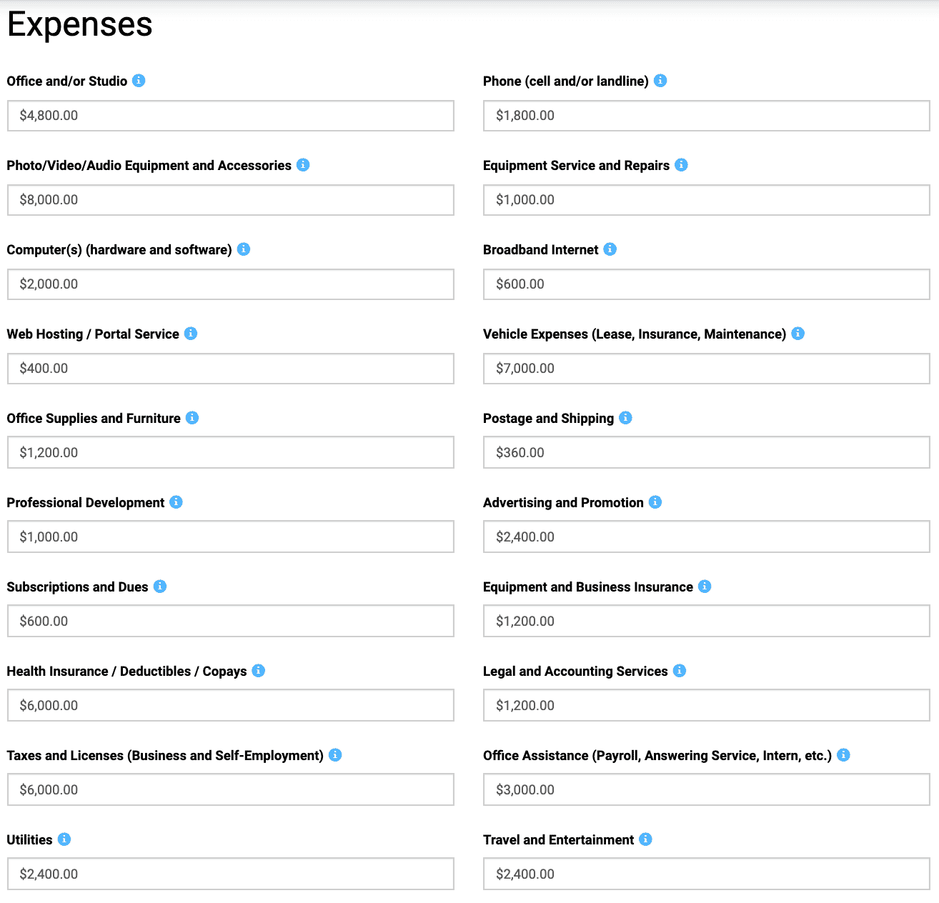 Expense breakdown for a freelance photography business, detailing costs for equipment, office, travel, and services.