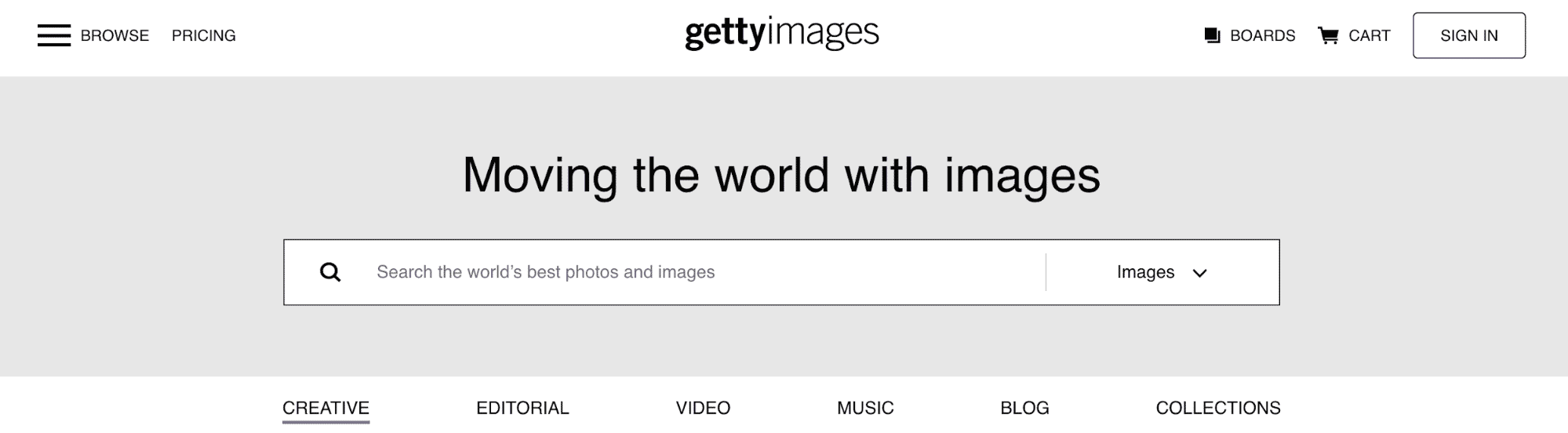 Getty Images homepage featuring a search bar for the world's best photos and images.