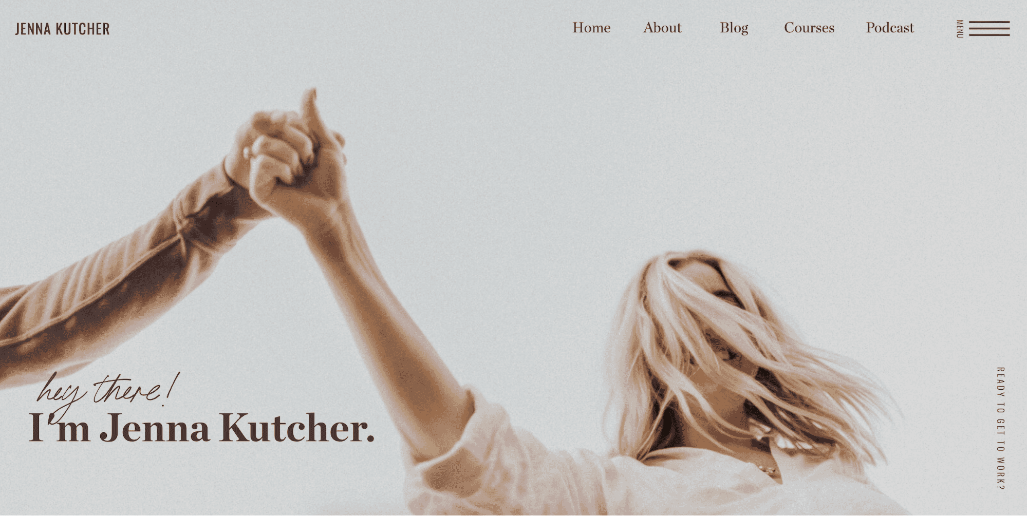 Homepage of Jenna Kutcher's website featuring her introduction and branding image.