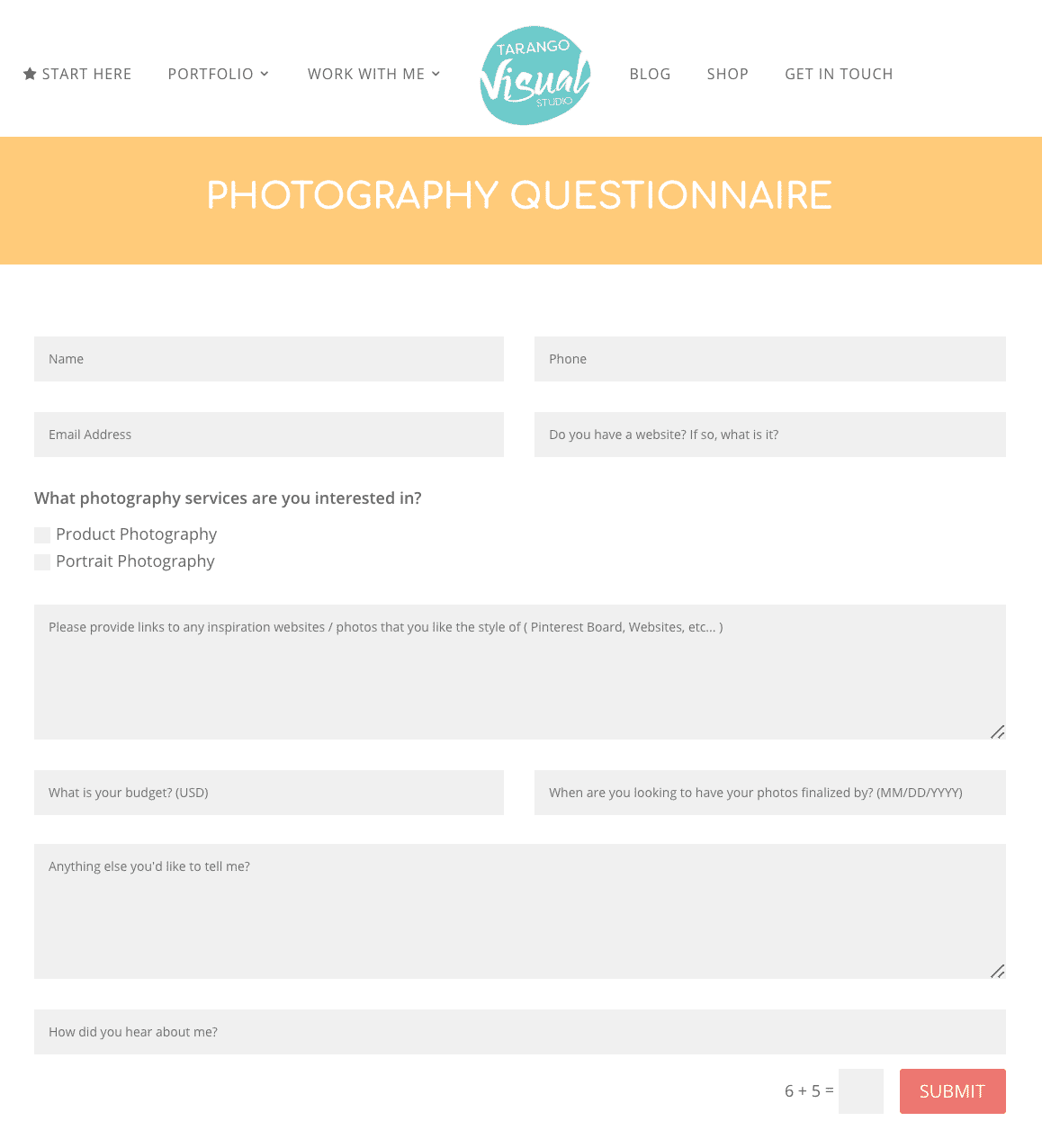 Photography client questionnaire form from Tarango Visual Studio for service inquiries and project details.