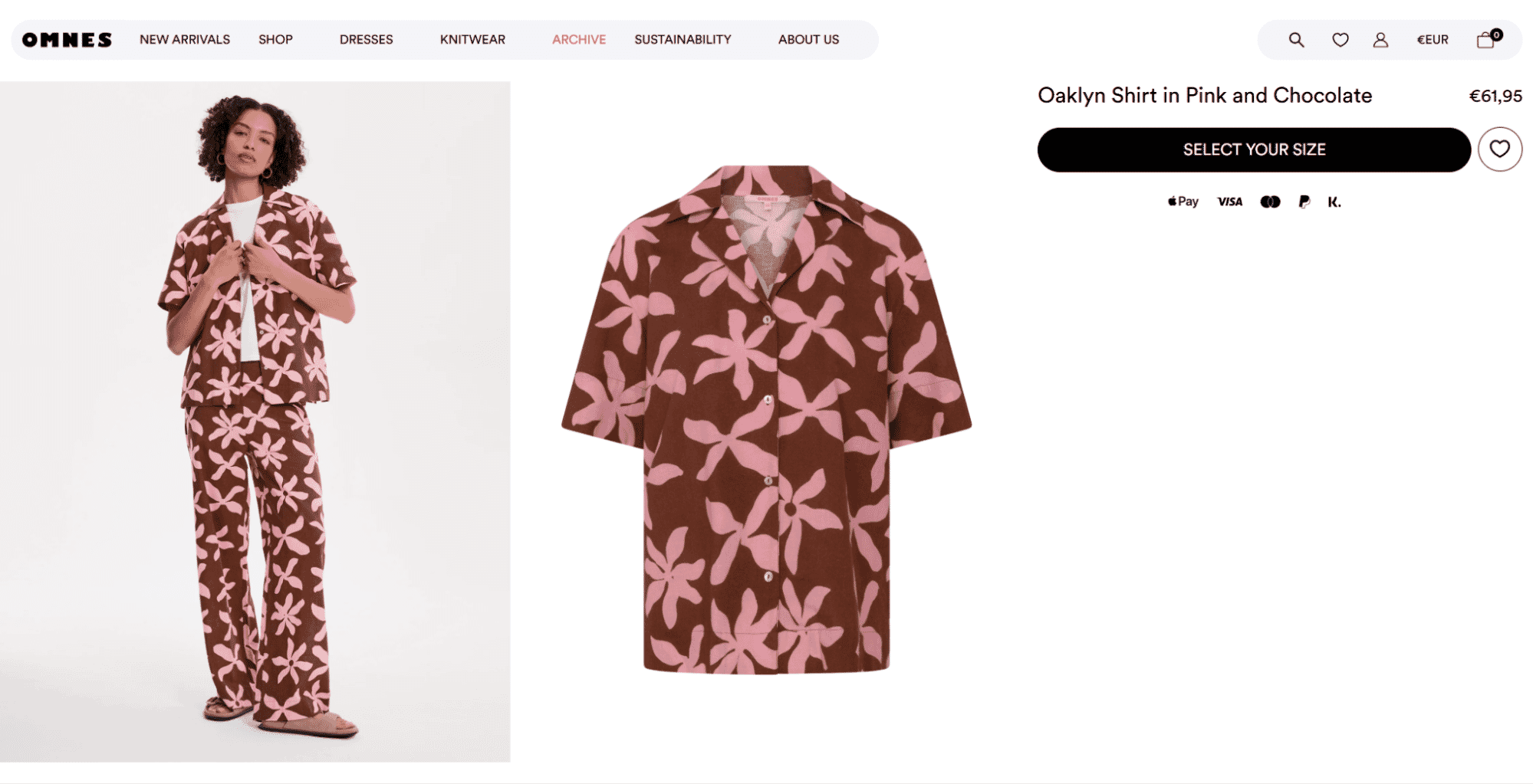 OMNES product listing featuring a model wearing a pink floral shirt and pants set, with isolated product image of the top on white background.
