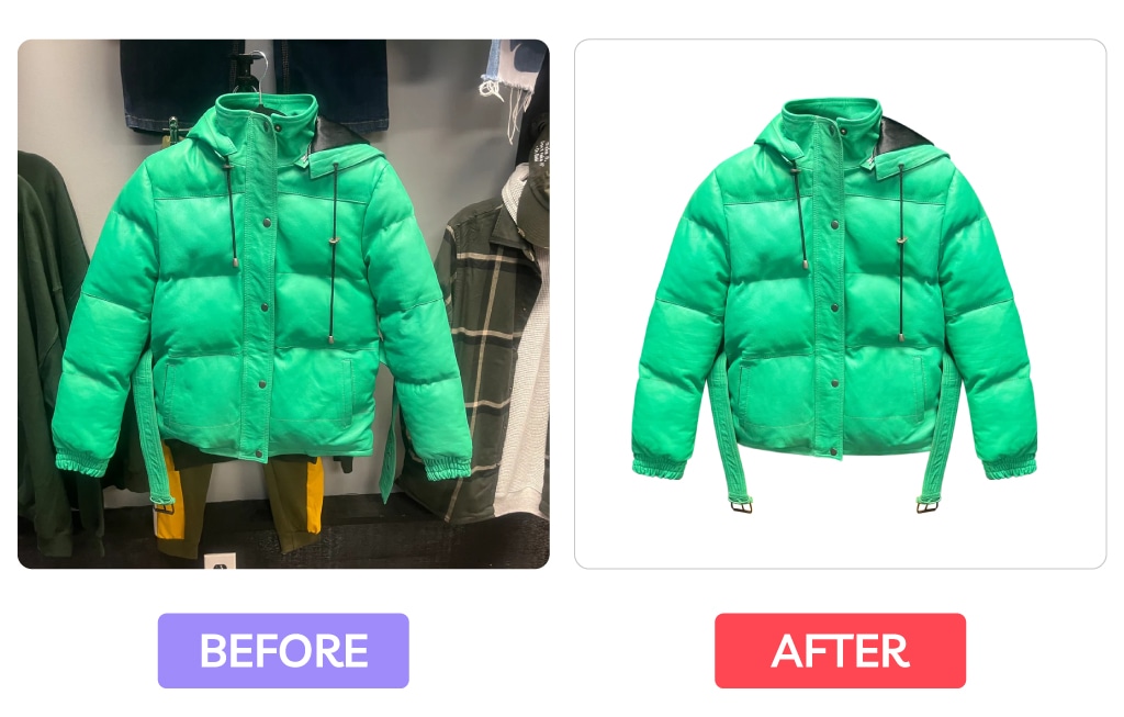 Before and after photo of a green puffer jacket showing improved symmetry and background removal, with editing tips on cropping and alignment using Photoshop grid overlays for precise garment presentation.