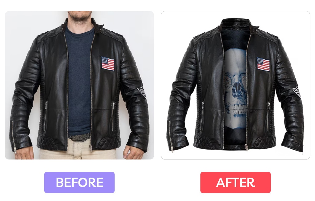 Before and after image of a leather jacket showing ghost mannequin effect and symmetry correction in post-production, with tips on natural garment editing for eCommerce apparel photography.