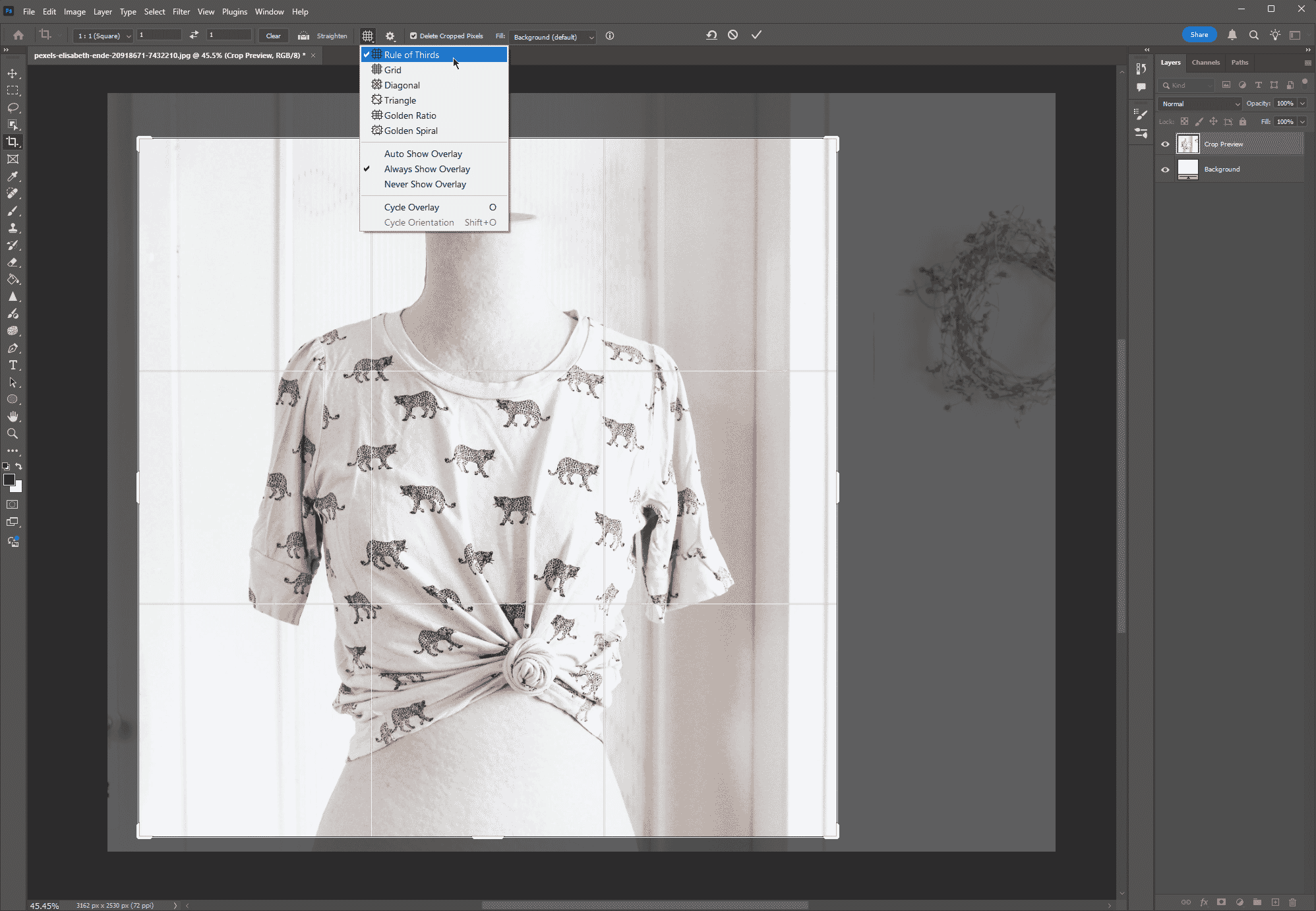 Photoshop interface showing a leopard print top on a mannequin with the crop tool active and the Rule of Thirds grid overlay dropdown menu expanded for precise image composition.