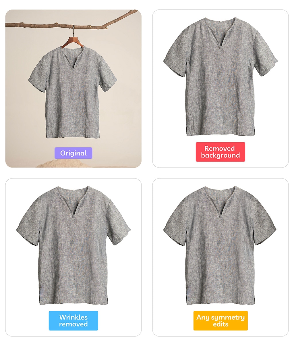 Four-stage photo editing process of a linen top including original, background removal, wrinkle removal, and symmetry correction, demonstrating garment photo enhancement.