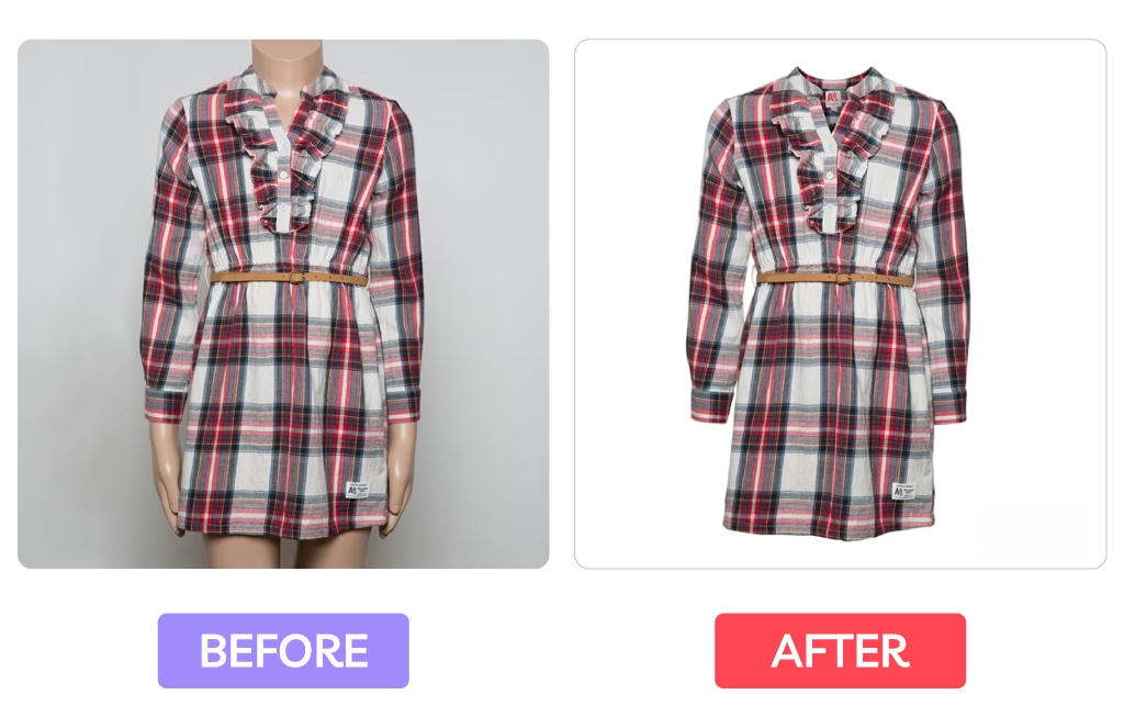 Before and after image of a plaid dress showing improved styling with symmetrical arm positioning and cleaner garment presentation, alongside tips for balance and garment posing in product photography.