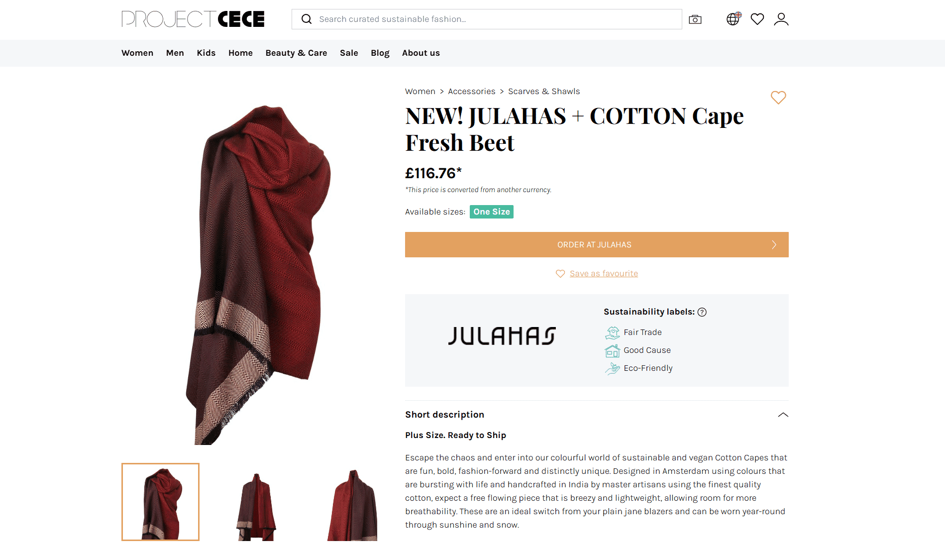 Product page for a red JULAHAS cotton cape on Project Cece, showing eco-labels and ordering options, emphasizing sustainable fashion marketing.