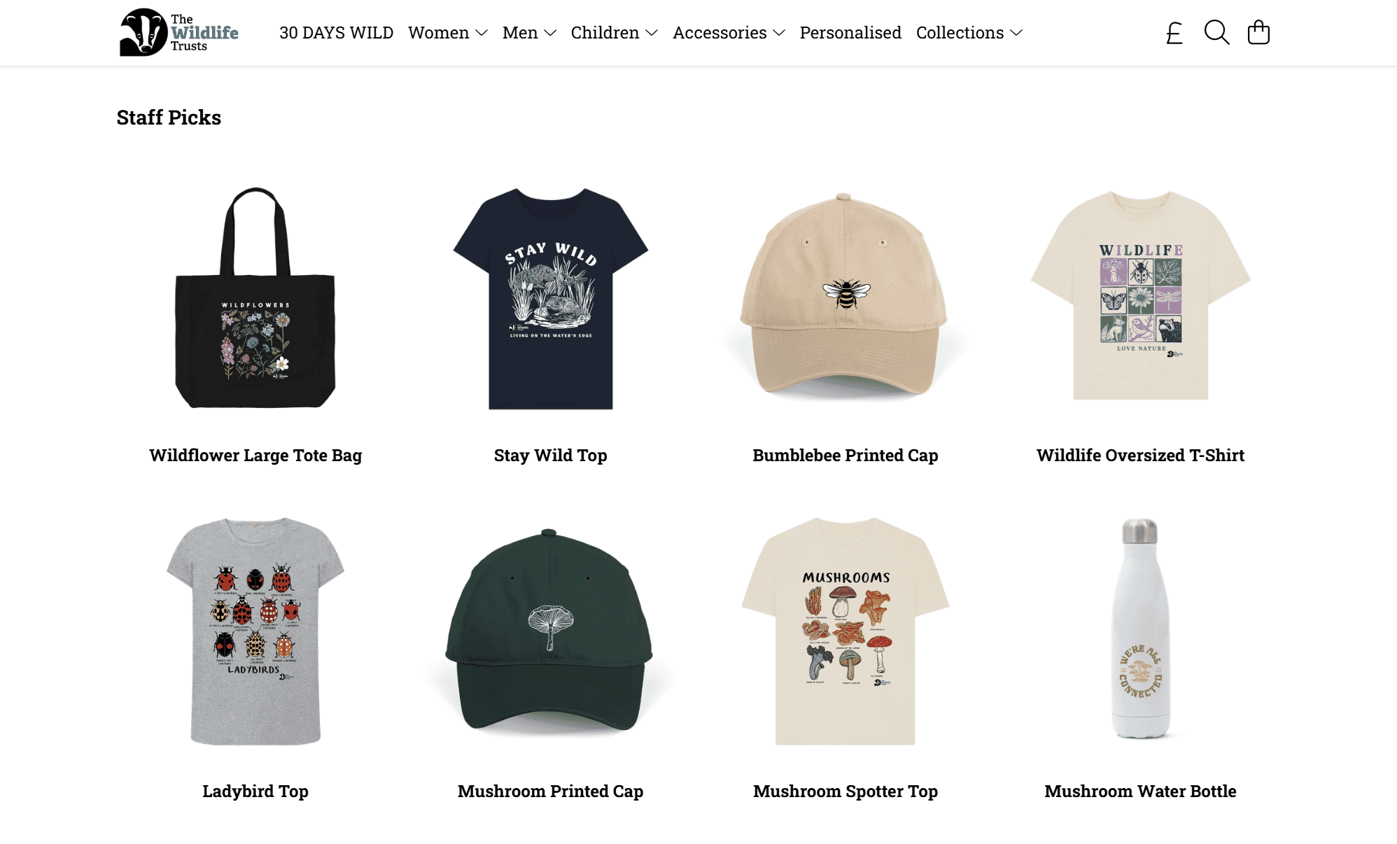 Product grid from The Wildlife Trusts online store featuring illustrated T-shirts, tote bags, caps, and a water bottle, emphasizing nature-themed merchandise.