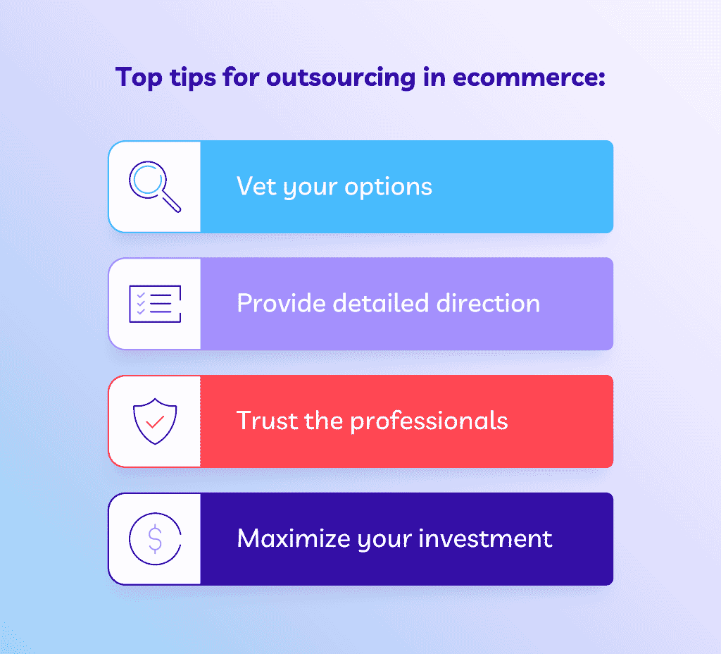 Infographic showing four tips for ecommerce outsourcing: vet options, provide direction, trust professionals, and maximize investment.