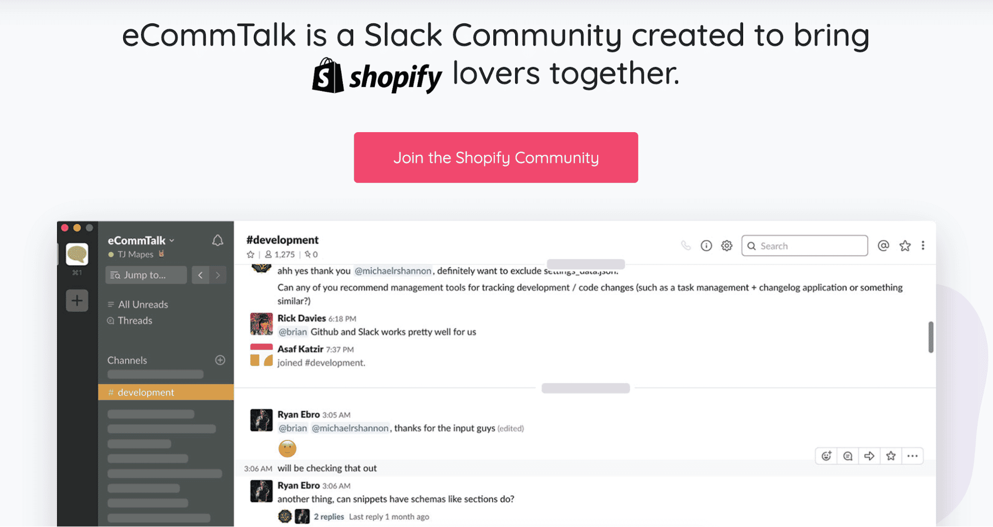 eCommTalk Slack community for Shopify enthusiasts with a "Join the Shopify Community" button and a preview of the #development channel.