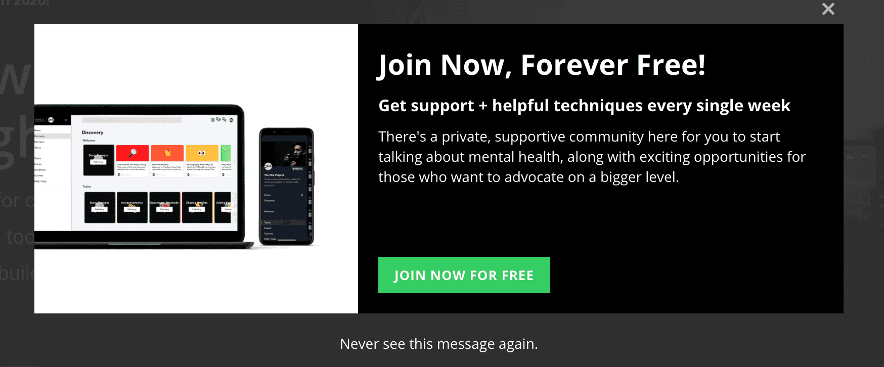 Invitation to join a free mental health support community with weekly techniques and advocacy opportunities.