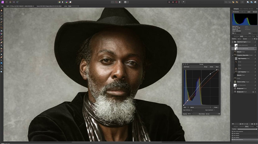 Affinity Photo software interface with photo editing options and adjustment tools