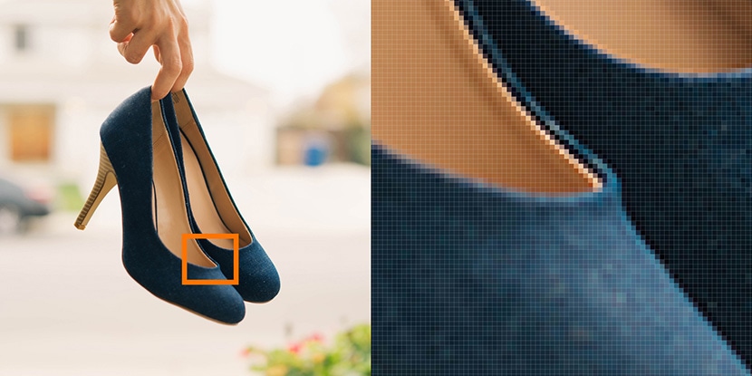 Close-up of high-resolution detail on blue high heels, showcasing pixel clarity for e-commerce editing