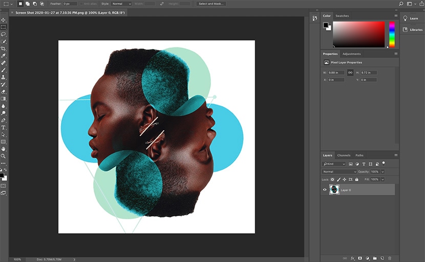 Photoshop interface showing a digital artwork in progress with color tools