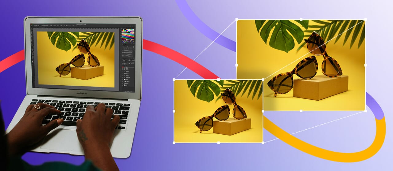 Hands editing a product photo of tortoiseshell sunglasses on a yellow background in Adobe Photoshop, with clipping path and background refinement displayed on a MacBook screen. Path-style digital curves in red, purple, and yellow overlay the background.