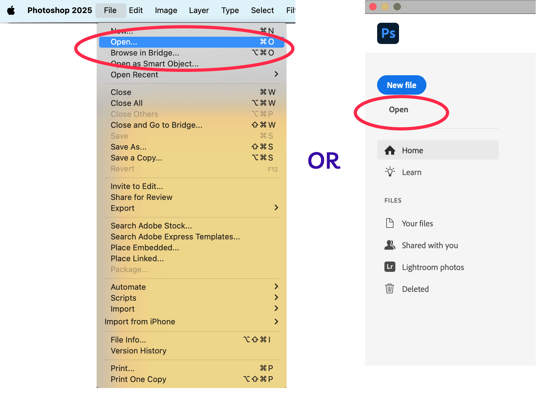 Photoshop 2025 interface showing two ways to open files: through the top File menu and the welcome screen sidebar. The image highlights “Open” options with red ovals, ideal for tutorials or onboarding visuals.