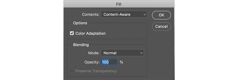 Photoshop Content-Aware Fill settings panel with Color Adaptation option enabled for object removal.