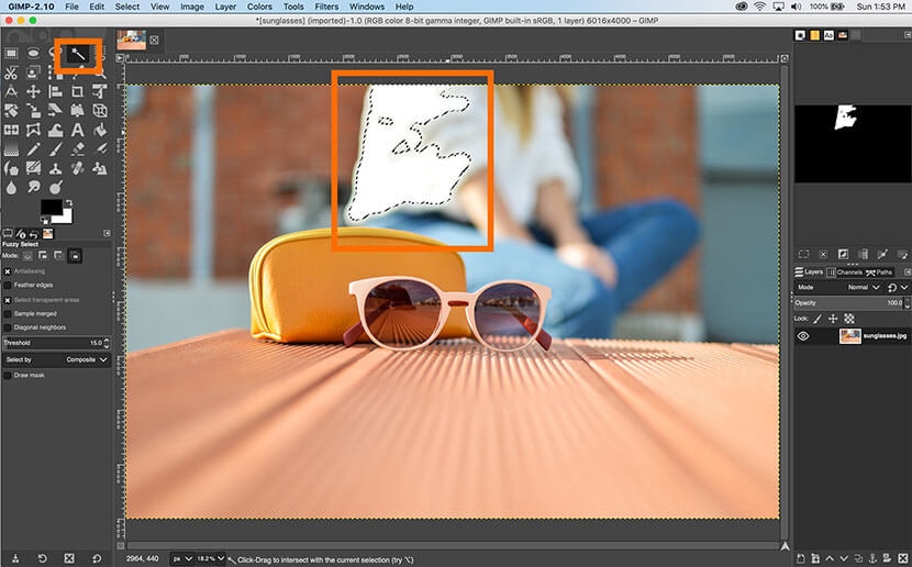 GIMP workspace with selection tool active for removing background object behind sunglasses.