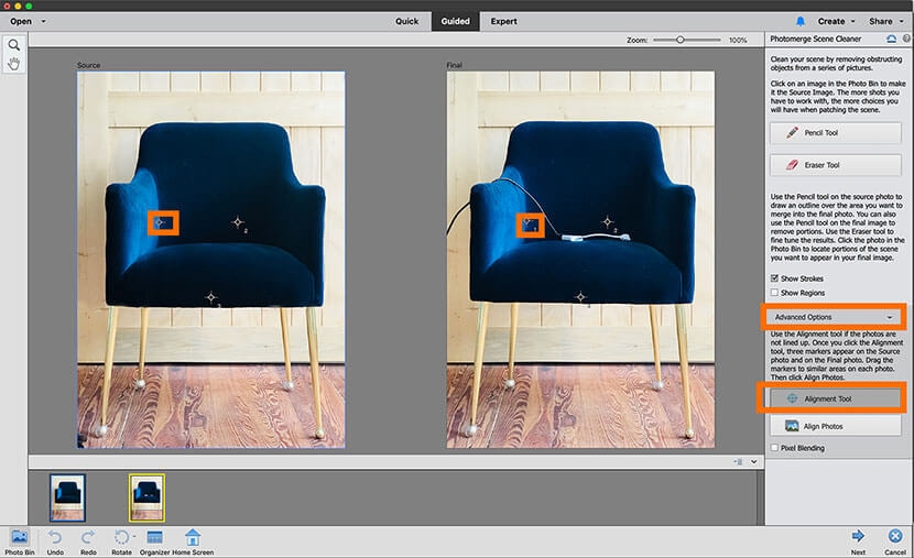 Using Alignment Tool and Eraser in Photomerge Scene Cleaner for object removal in Photoshop Elements.