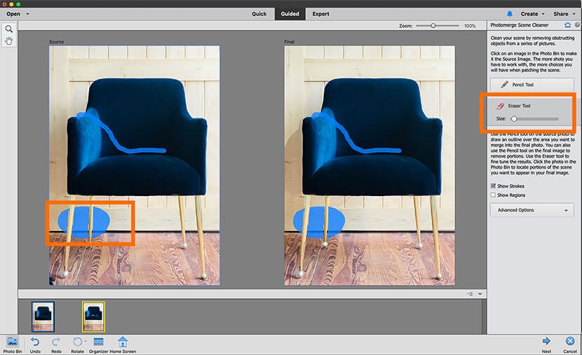 Photomerge Scene Cleaner in Photoshop Elements using Eraser Tool to refine object removal on chair image.