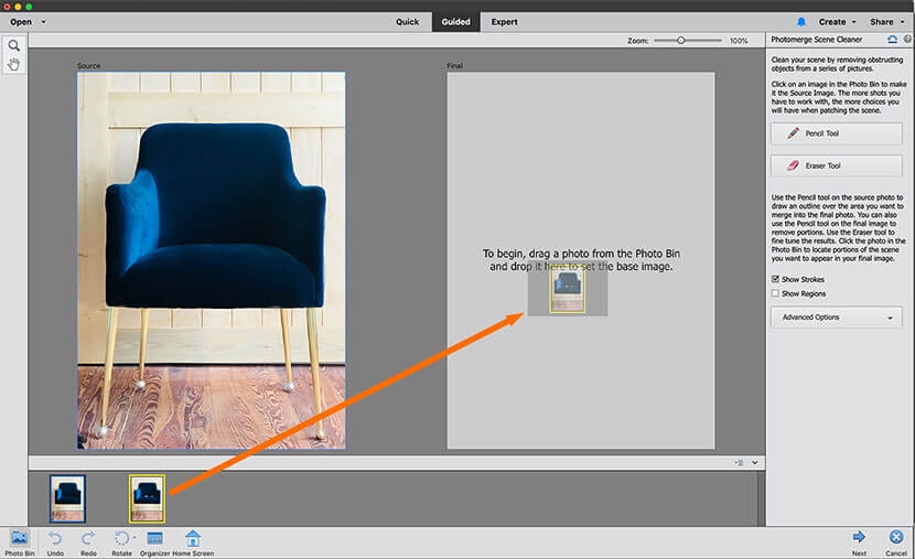 Dragging an image into Photomerge Scene Cleaner to begin object removal in Photoshop Elements.