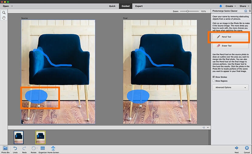 Photomerge Scene Cleaner in Photoshop Elements using Pencil Tool for final object removal on chair image.