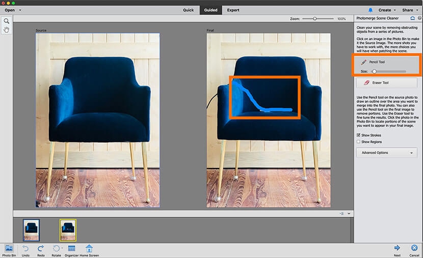 Photomerge Scene Cleaner with Pencil Tool selected for detailed object removal on a chair image.