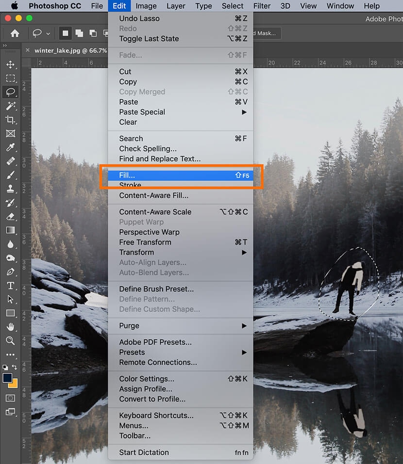 Photoshop Edit menu open with Content-Aware Fill option highlighted to remove unwanted object.
