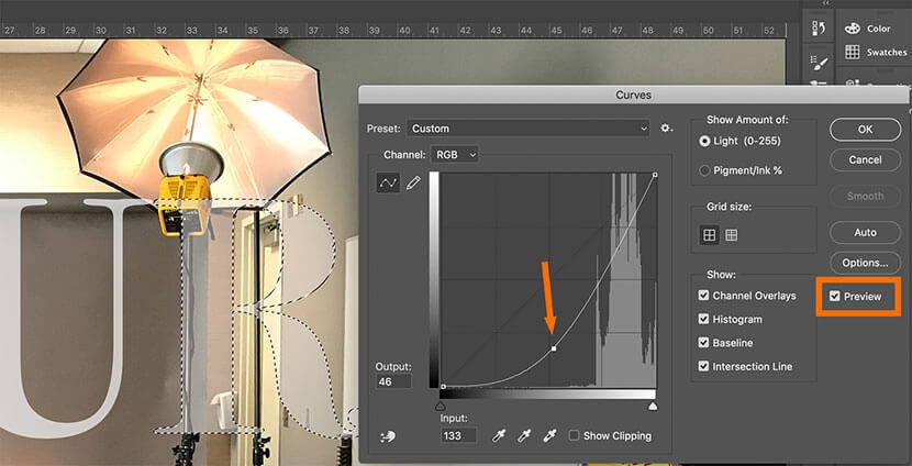 Photoshop Curves adjustment panel with Preview option selected and curve adjusted for lighting.