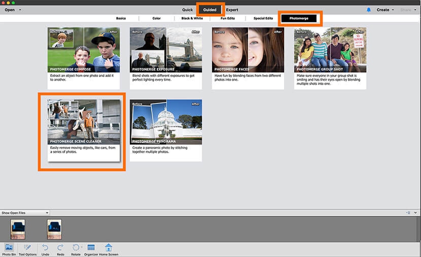 Photoshop Elements Guided menu with Photomerge Scene Cleaner option highlighted.