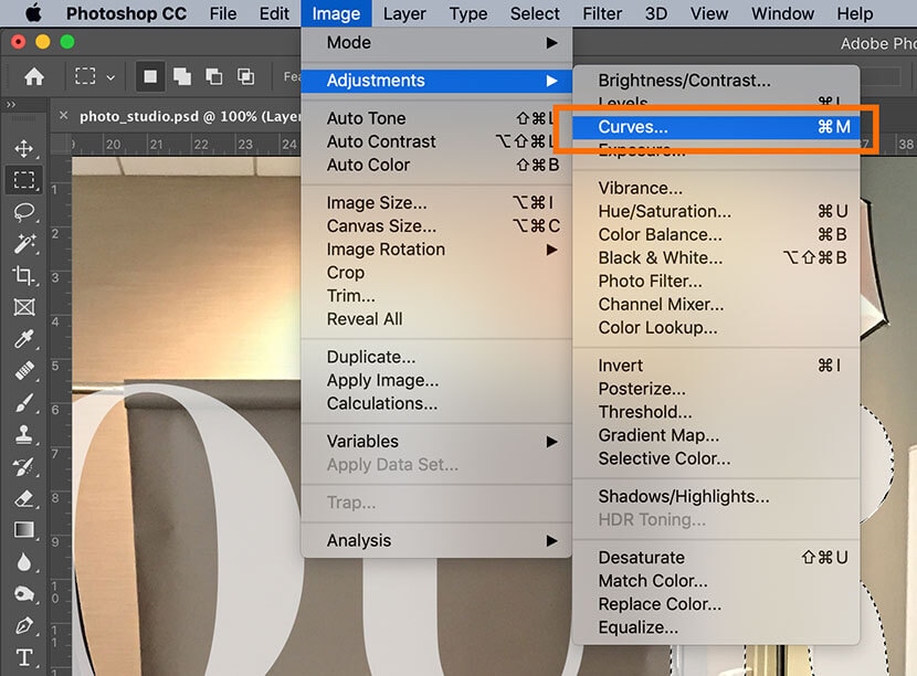 Photoshop Image menu with Curves adjustment option highlighted for contrast enhancement.