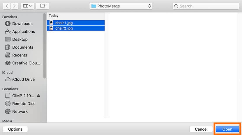File selection window with two images chosen for Photomerge in Photoshop.