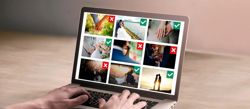 Hands on laptop selecting photos with green checkmarks and red X's indicating the culling process