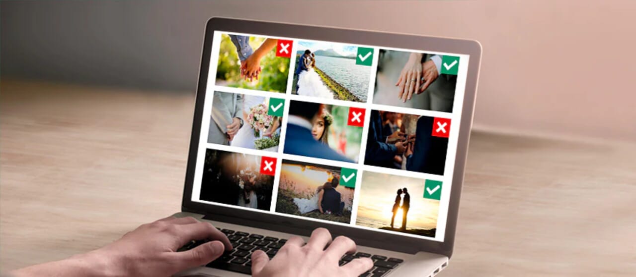 Hands on laptop selecting photos with green checkmarks and red X's indicating the culling process