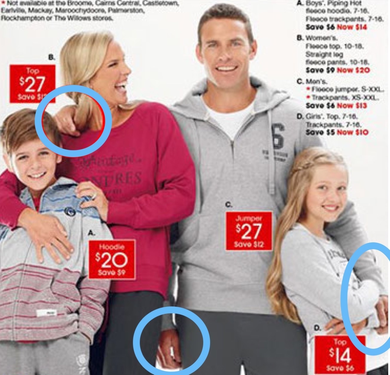Catalog ad with multiple Photoshop fails, including extra hands and disjointed arms, highlighting editing mistakes.