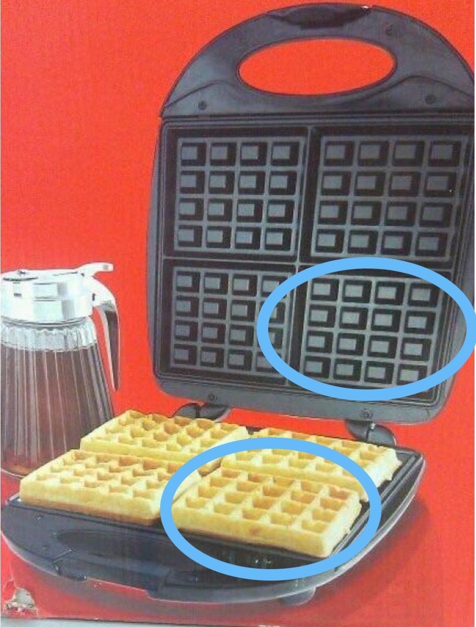 Waffle maker ad with Photoshop fail showing misaligned waffles that do not match grid pattern, illustrating editing error.
