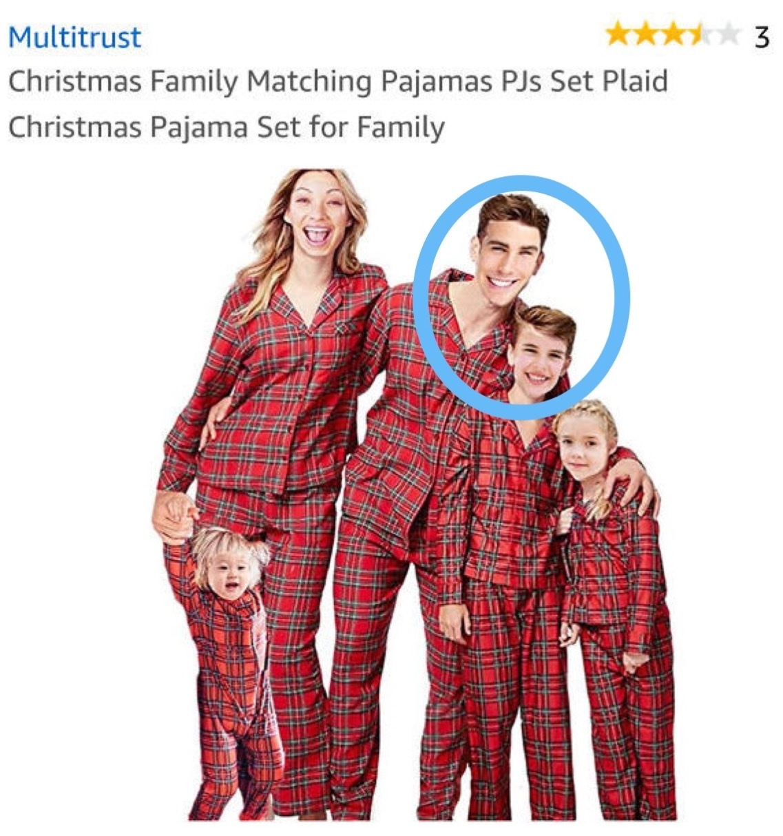 Family pajama ad with Photoshop fail showing mismatched faces, emphasizing poor editing on family image.