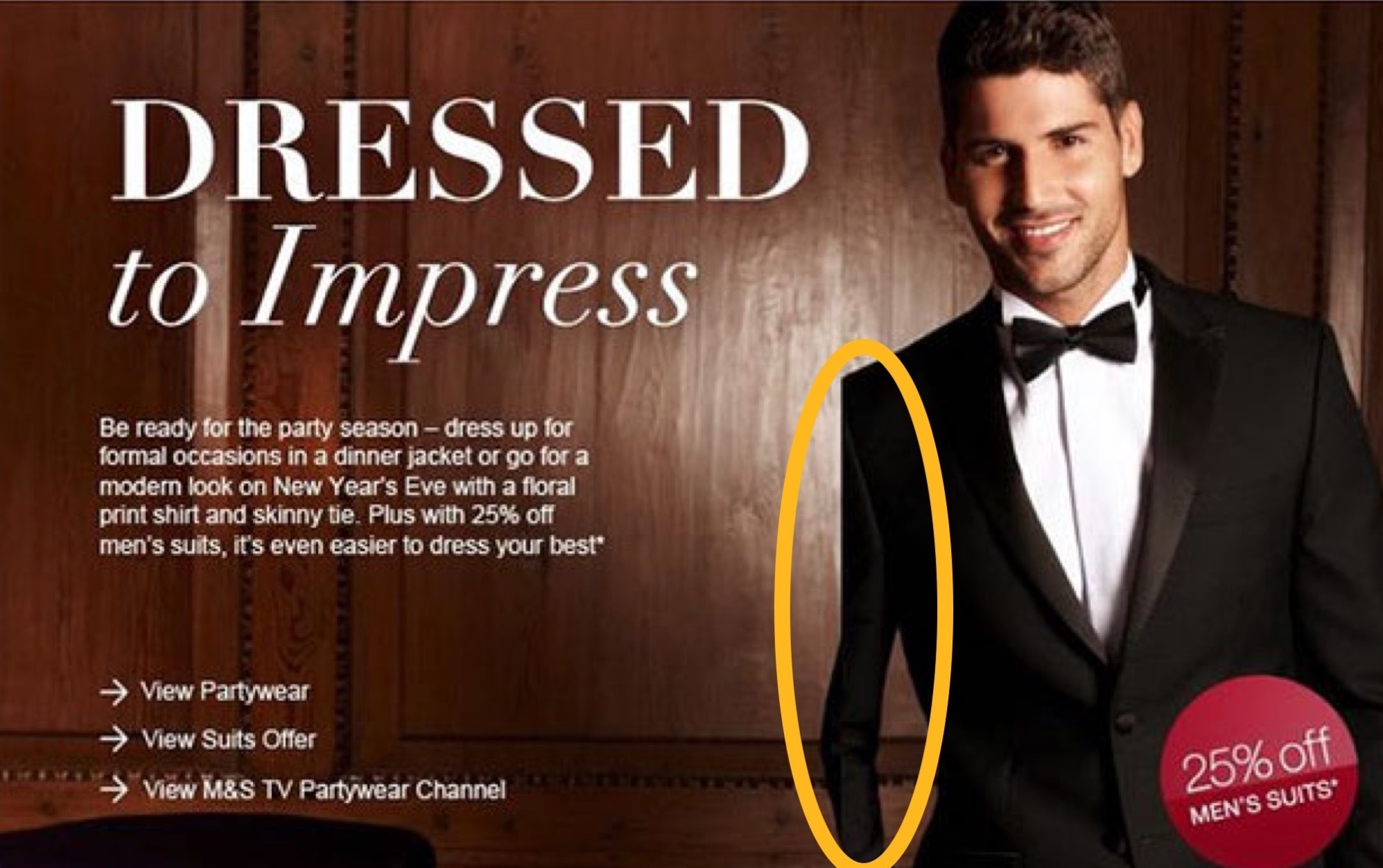 Men's suit ad with visible Photoshop fail showing missing arm, highlighting the importance of careful photo editing.