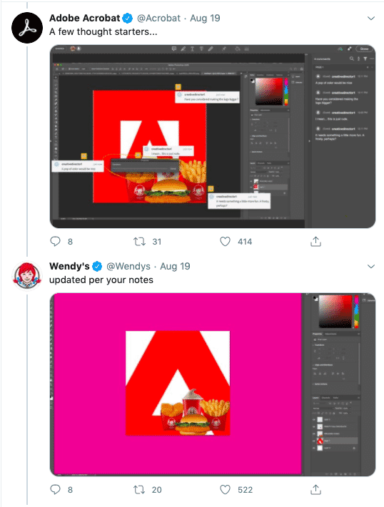 Social media exchange between Wendy's and Adobe Acrobat with humorous Photoshop edits and updates based on feedback.