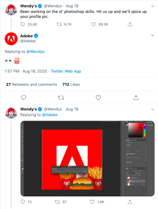 Humorous social media exchange between Wendy's and Adobe about Photoshop skills, featuring a custom Photoshop edit by Wendy's.