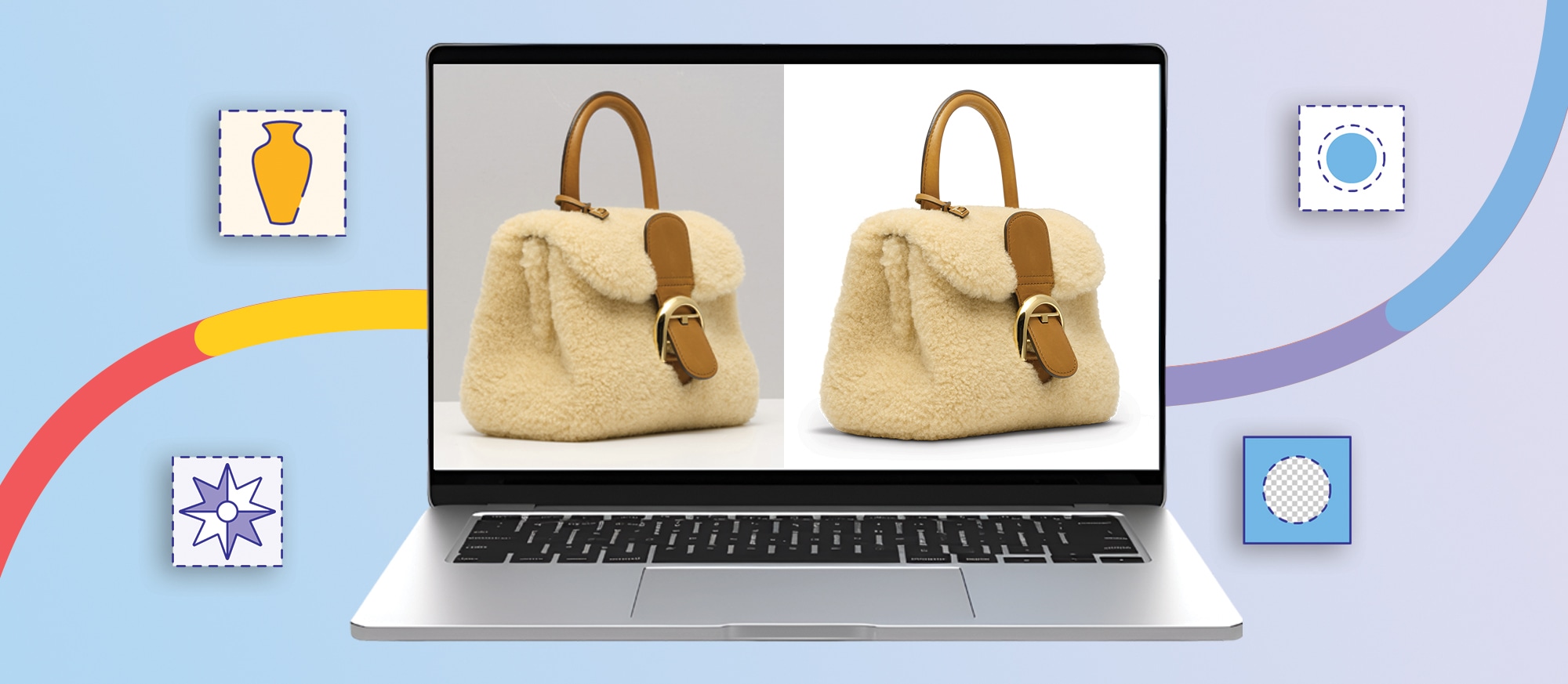 Product image background removal example for eCommerce showing handbag edited from gray background to white background on laptop screen. Product image background removal example for eCommerce showing handbag edited from gray background to white background on laptop screen.