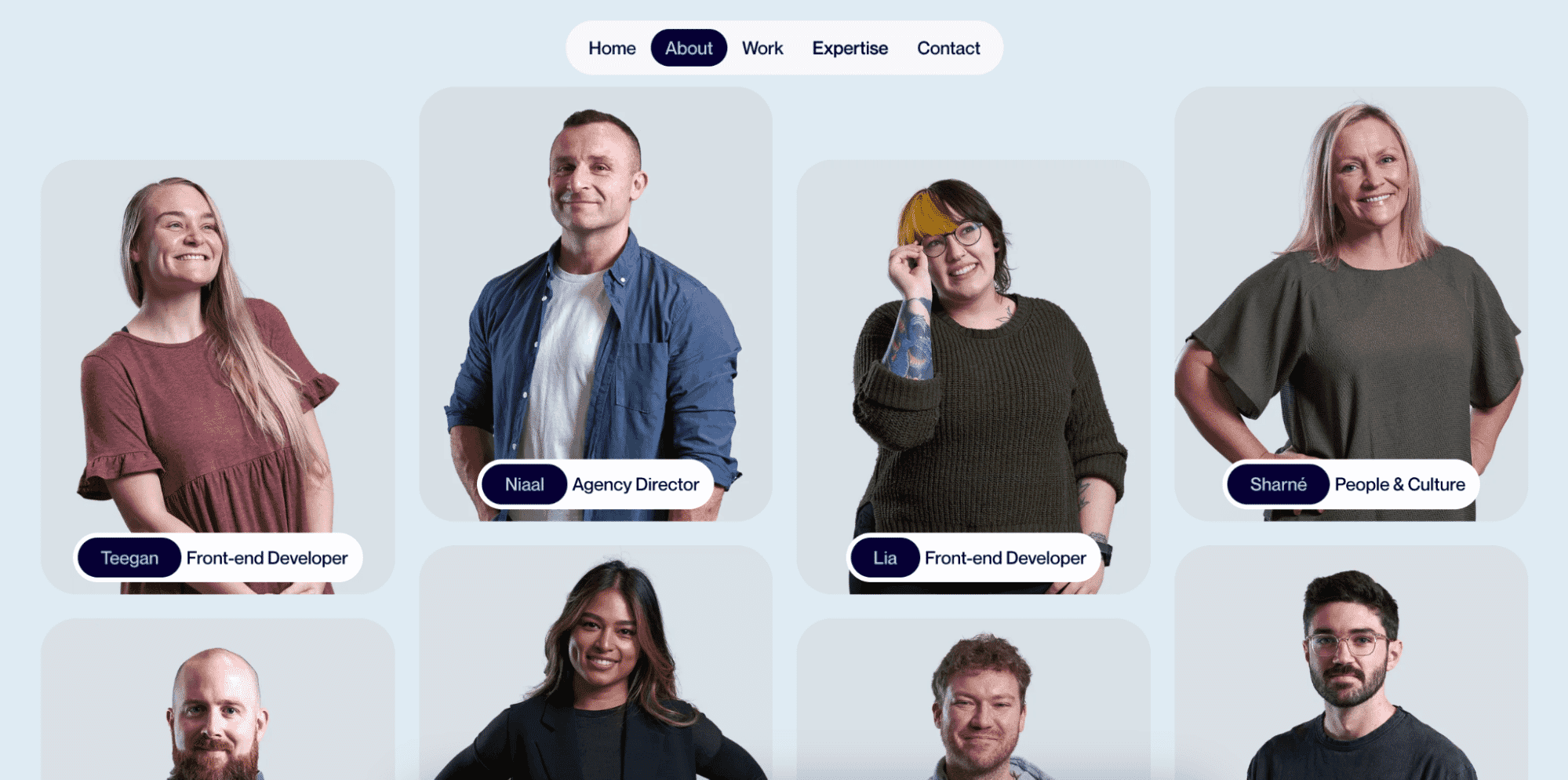 Team headshots on an agency about page, showcasing diverse styles and personalities in a cohesive layout