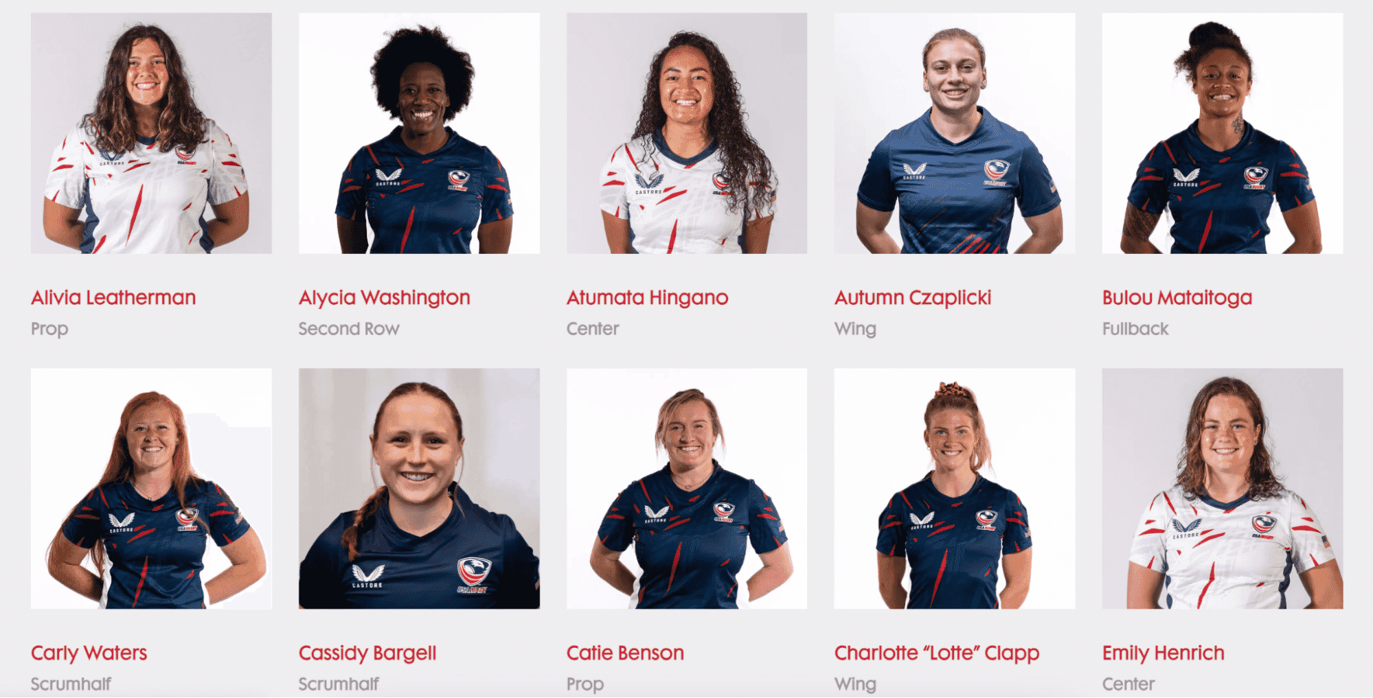 Headshots of Women’s Eagles rugby players displayed with names and positions