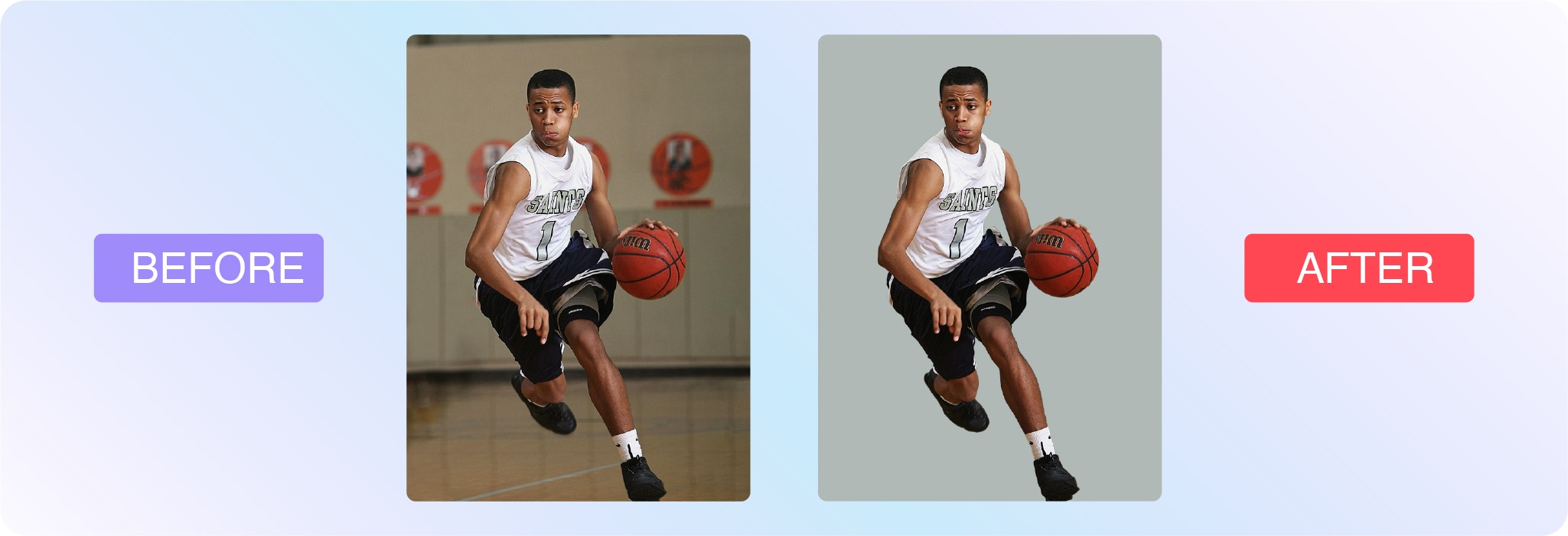 Before and after sports action photo editing with background removal of a basketball player dribbling.