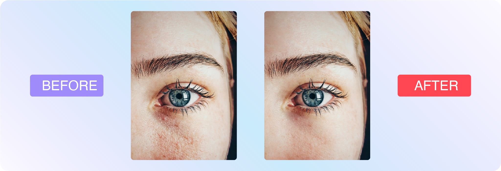 Before and after close-up of an eye with photo retouching to smooth facial skin and enhance clarity.